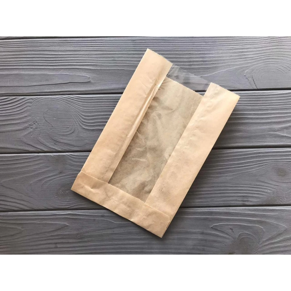 Пакет коричневий з прозорою вставкою 210х140х50 мм. 40гр/м2 (середня щільність) 18Ф