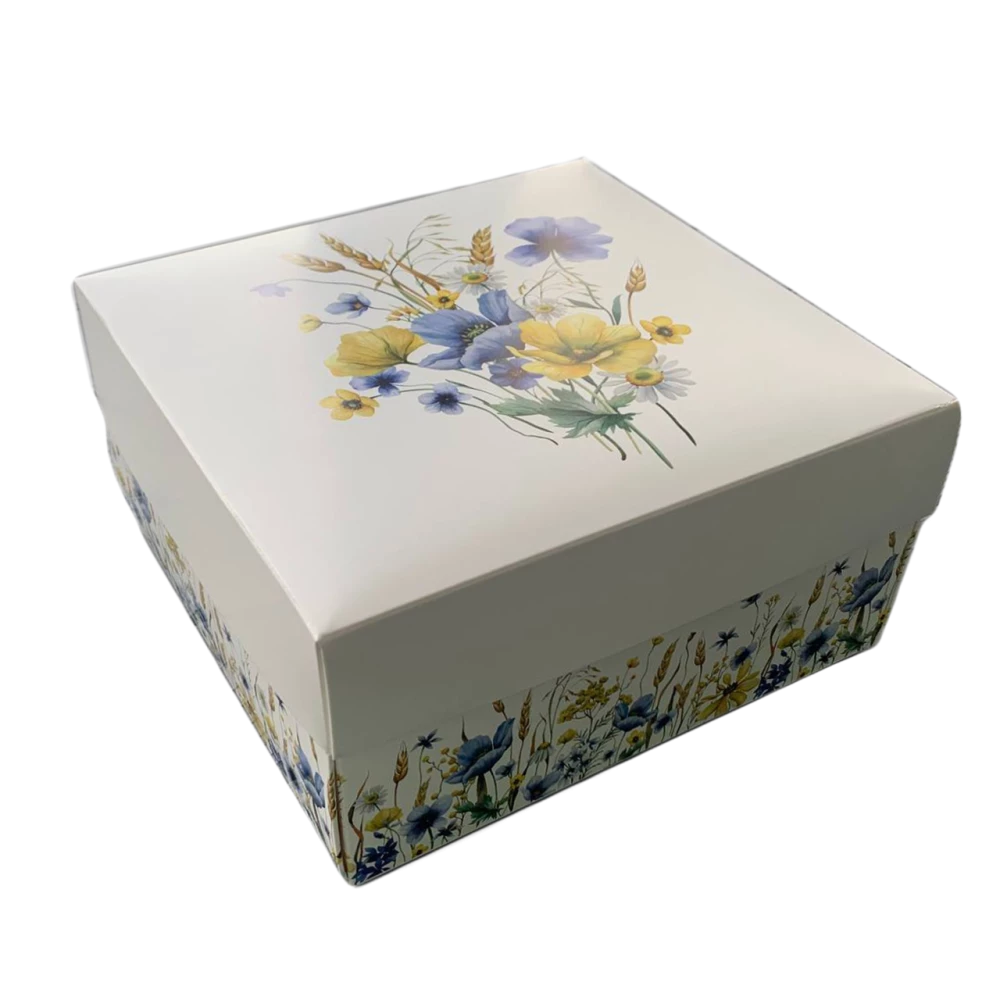 Коробка подарункова 195х195х97 мм Квіти жовто-блакитні ПДК28
