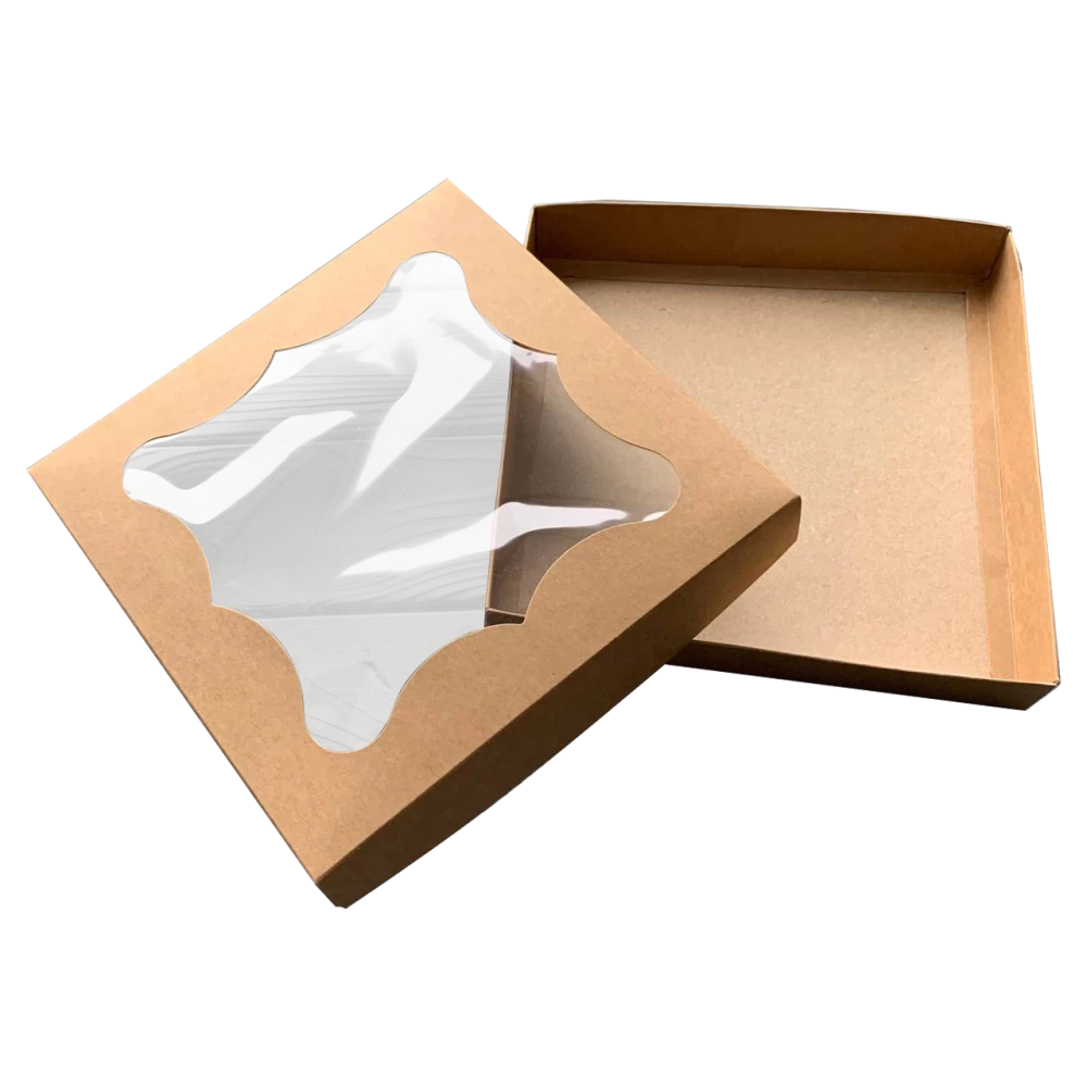 Коробка подарункова коричнева з віконцем 200*200*30 мм ПДК52