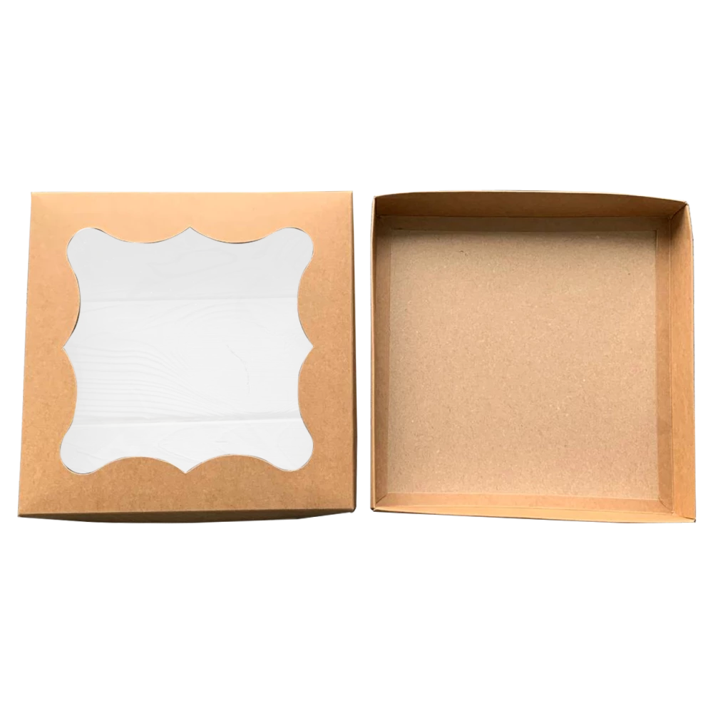 Коробка подарункова коричнева з віконцем 200*200*30 мм ПДК52