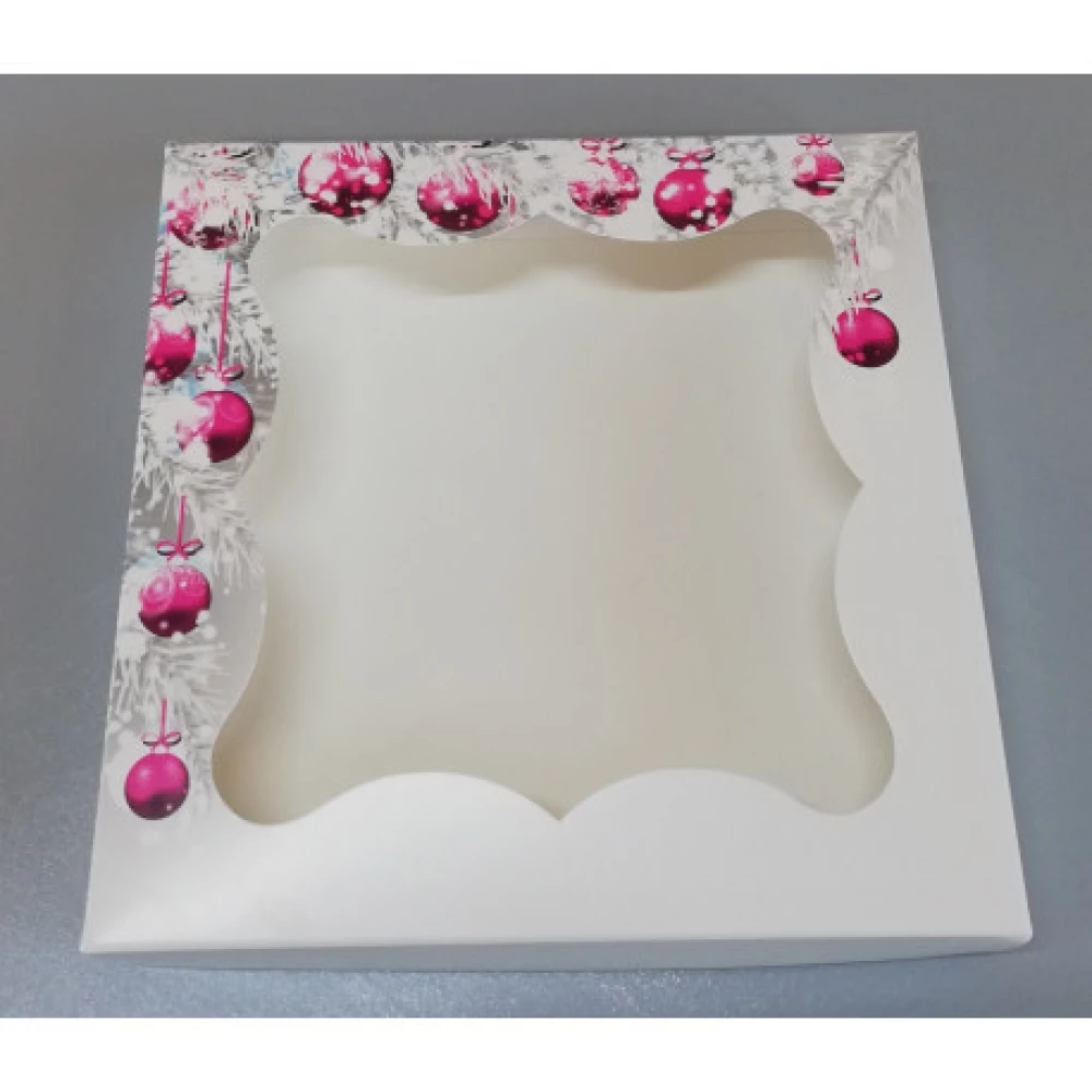 Коробка транспортувальна для пряників 200*200*30 (принт новорічні іграшки) К09