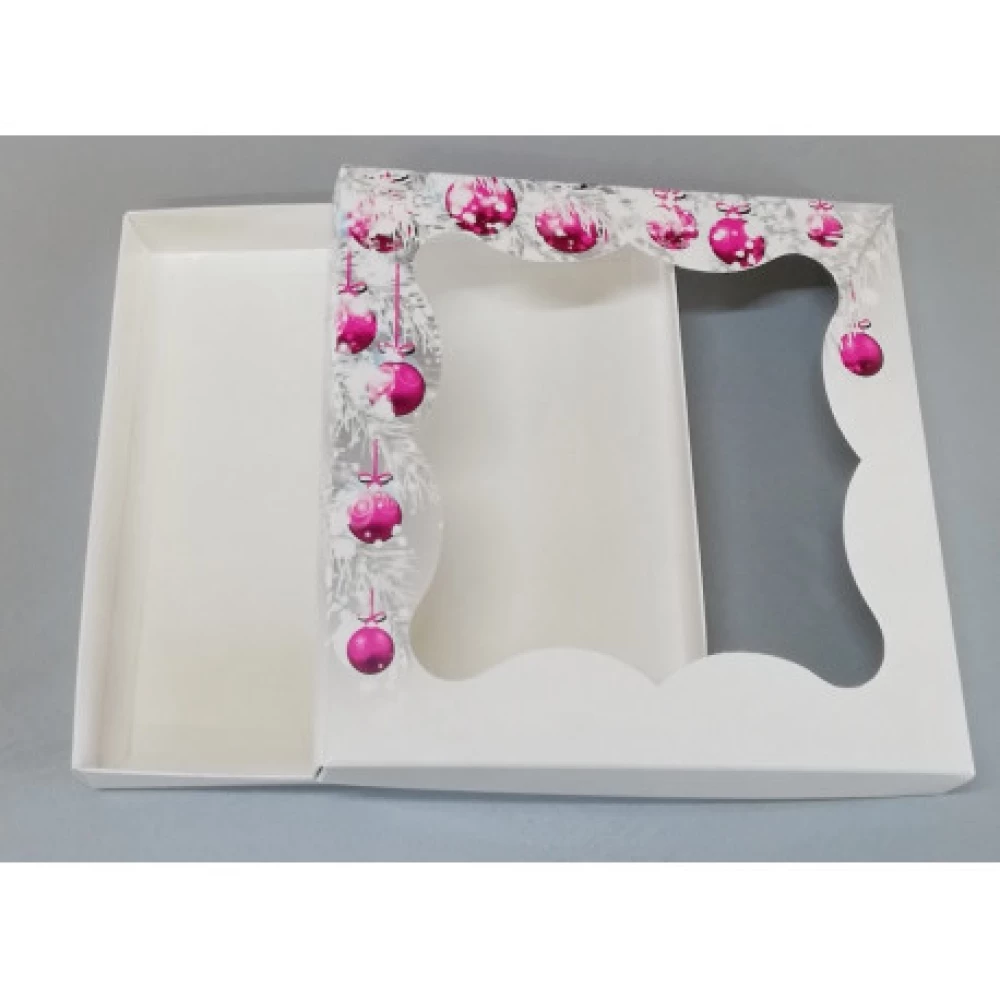 Коробка транспортувальна для пряників 200*200*30 (принт новорічні іграшки) К09