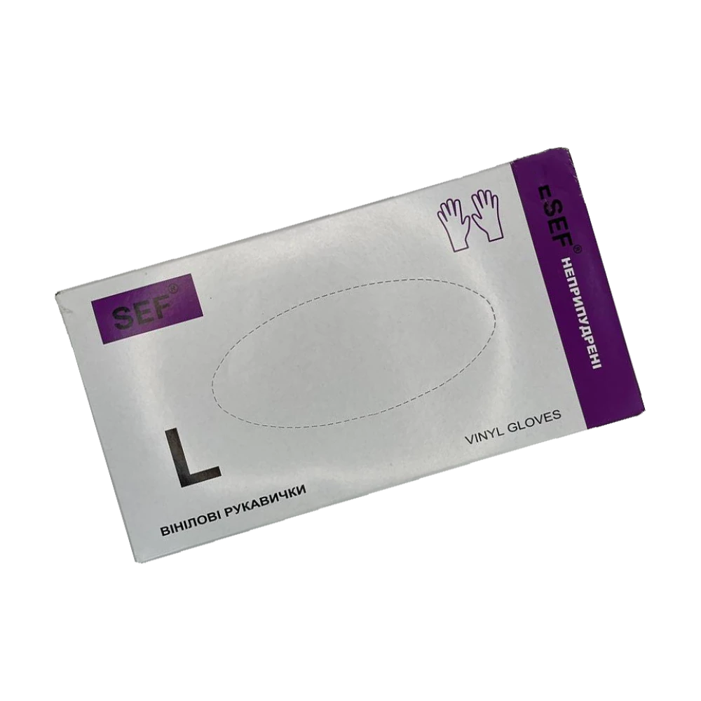 SEF Рукавички вінілові нестерильні неприпудрені гладкі прозорі,роз. L (100шт/уп) Арт.259103