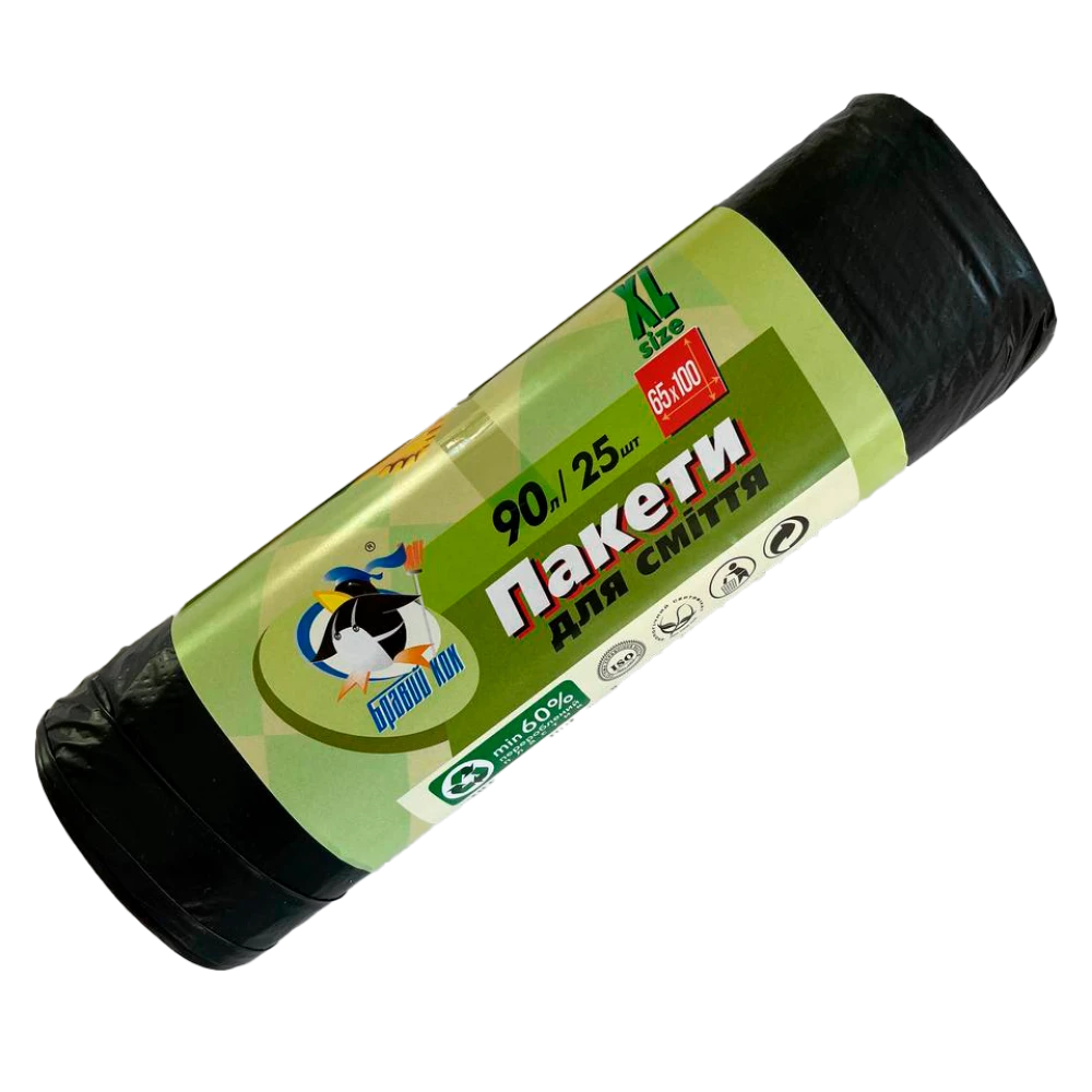 Пакет для сміття Бравий Кок Чорний 90л/25шт Ш65хВ100 (30шт/міш)