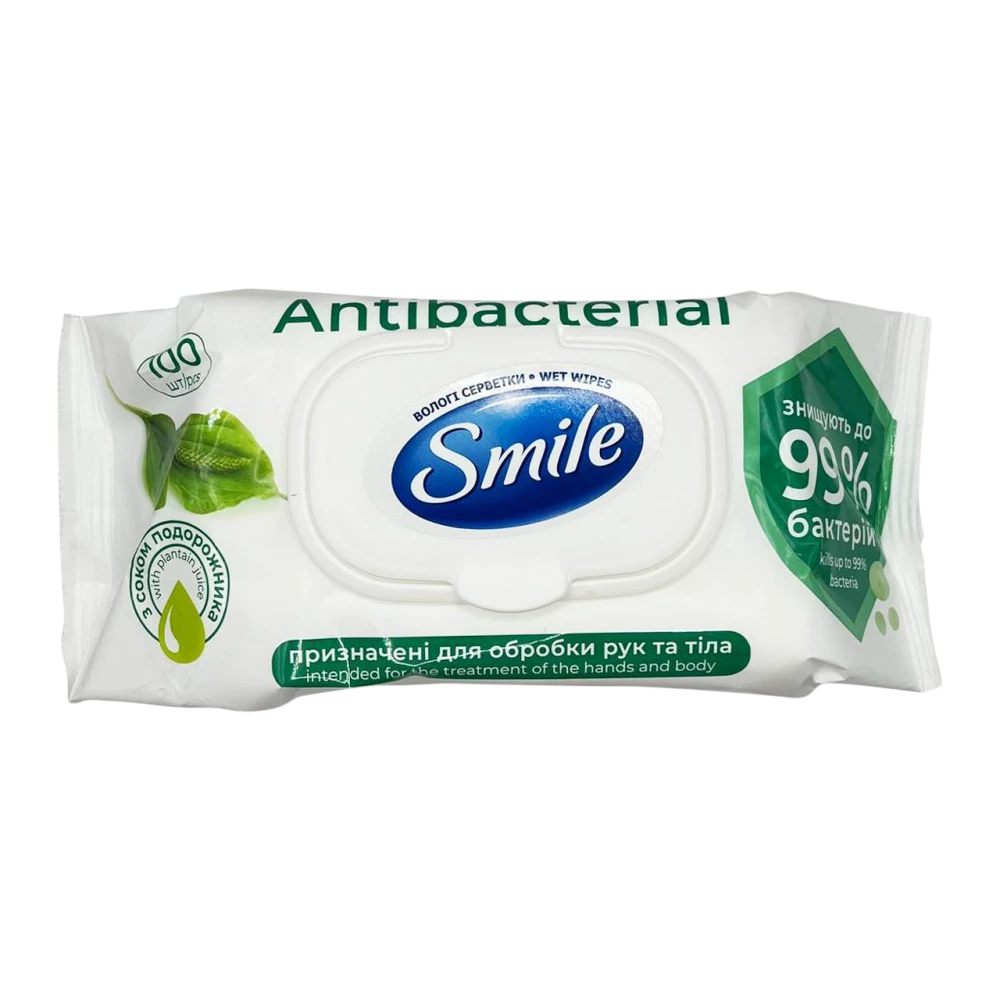 SMILE Влажные салфетки Antibacterial с подорожником с клапаном 100шт (9уп/ящ)