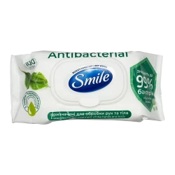 SMILE Вологі серветки Antibacterial з подорожником з клапаном 100шт (9уп/ящ)