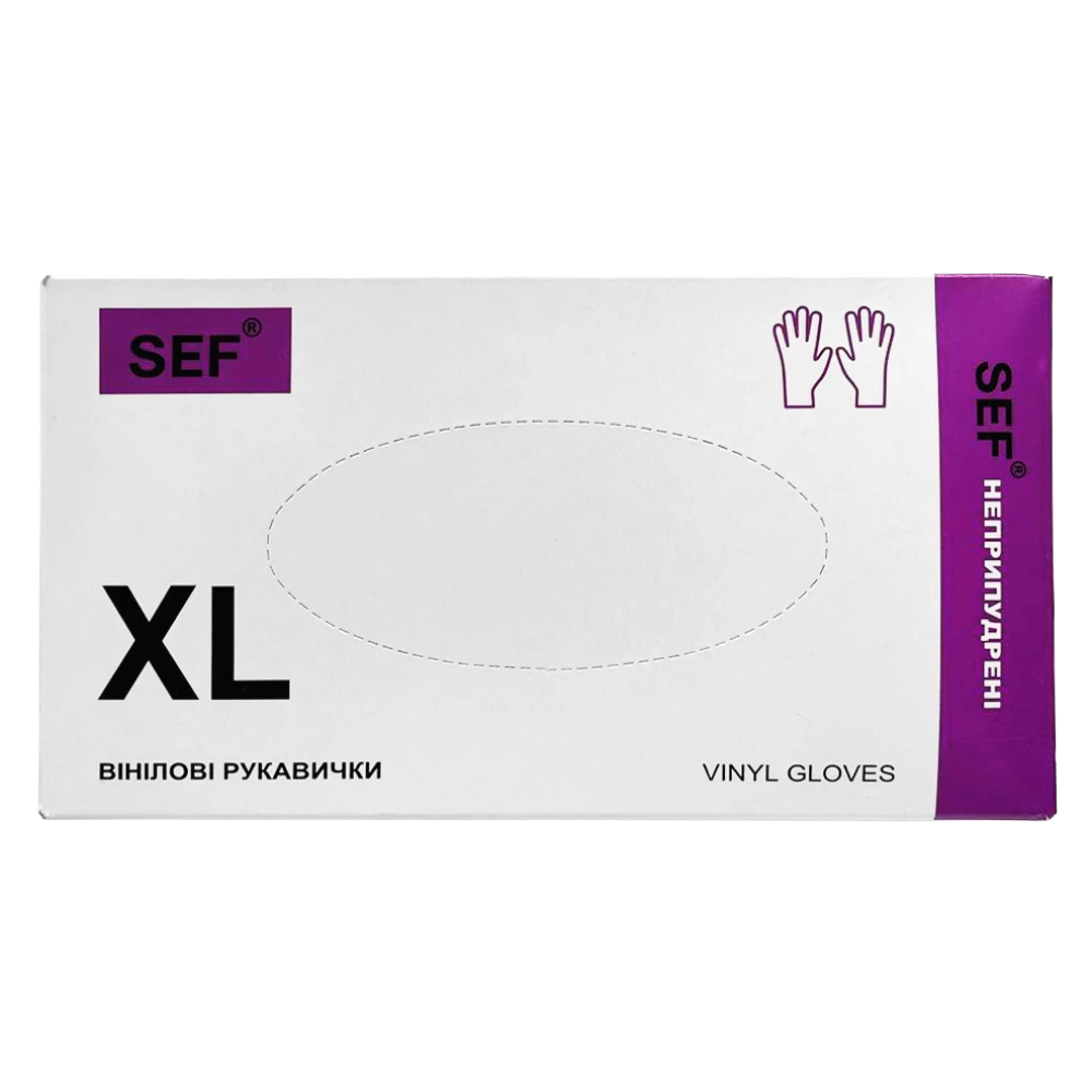 SEF Рукавички вінілові нестерильні неприпудрені гладкі прозорі,роз. XL (100шт/уп) 259104