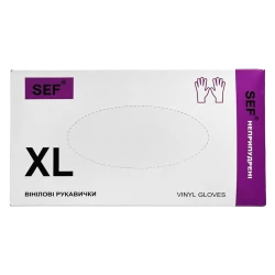 SEF Рукавички вінілові нестерильні неприпудрені гладкі прозорі,роз. XL (100шт/уп) 259104