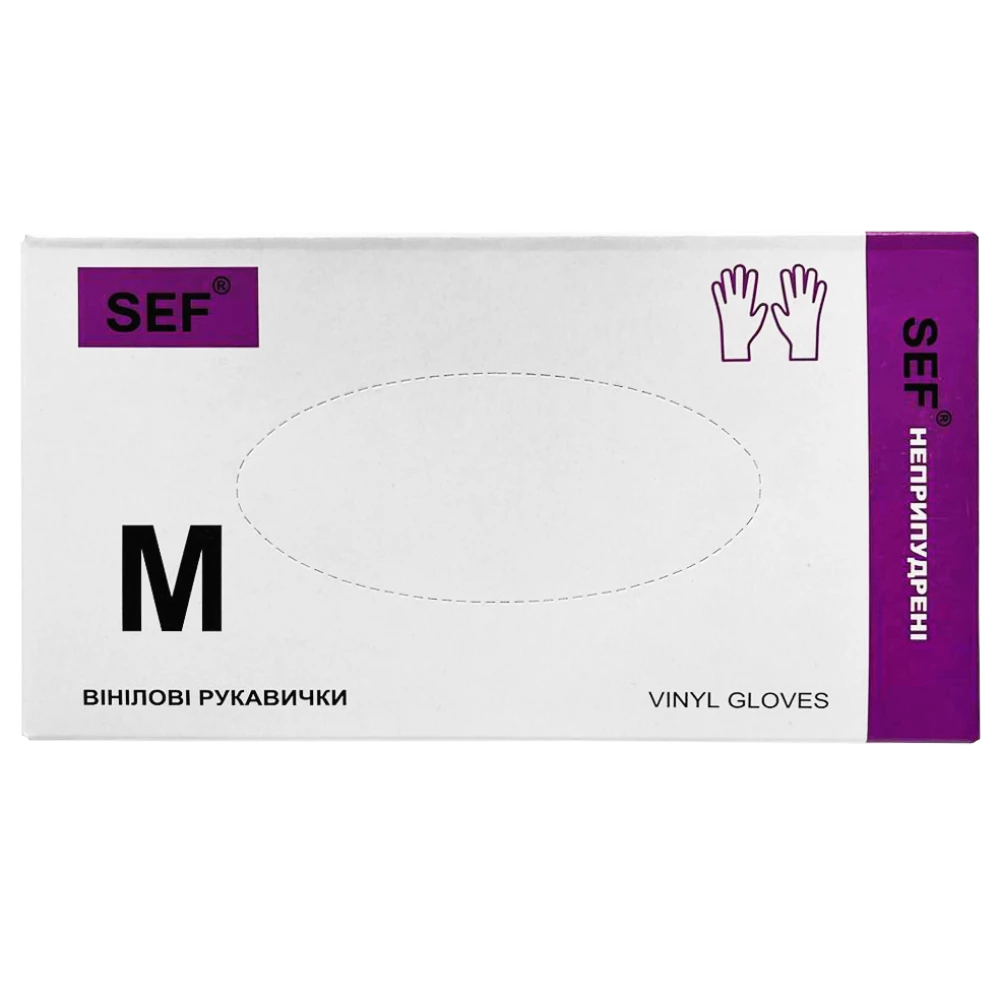 SEF Рукавички вінілові нестерильні неприпудрені гладкі прозорі,роз. M (100шт/уп) 259102