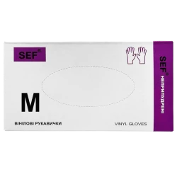 SEF Рукавички вінілові нестерильні неприпудрені гладкі прозорі,роз. M (100шт/уп) 259102