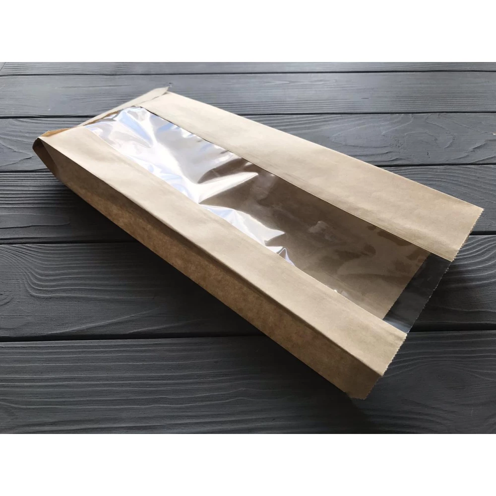 Пакет саше з прозорою вставкою бурий 340х140х60 121Ф