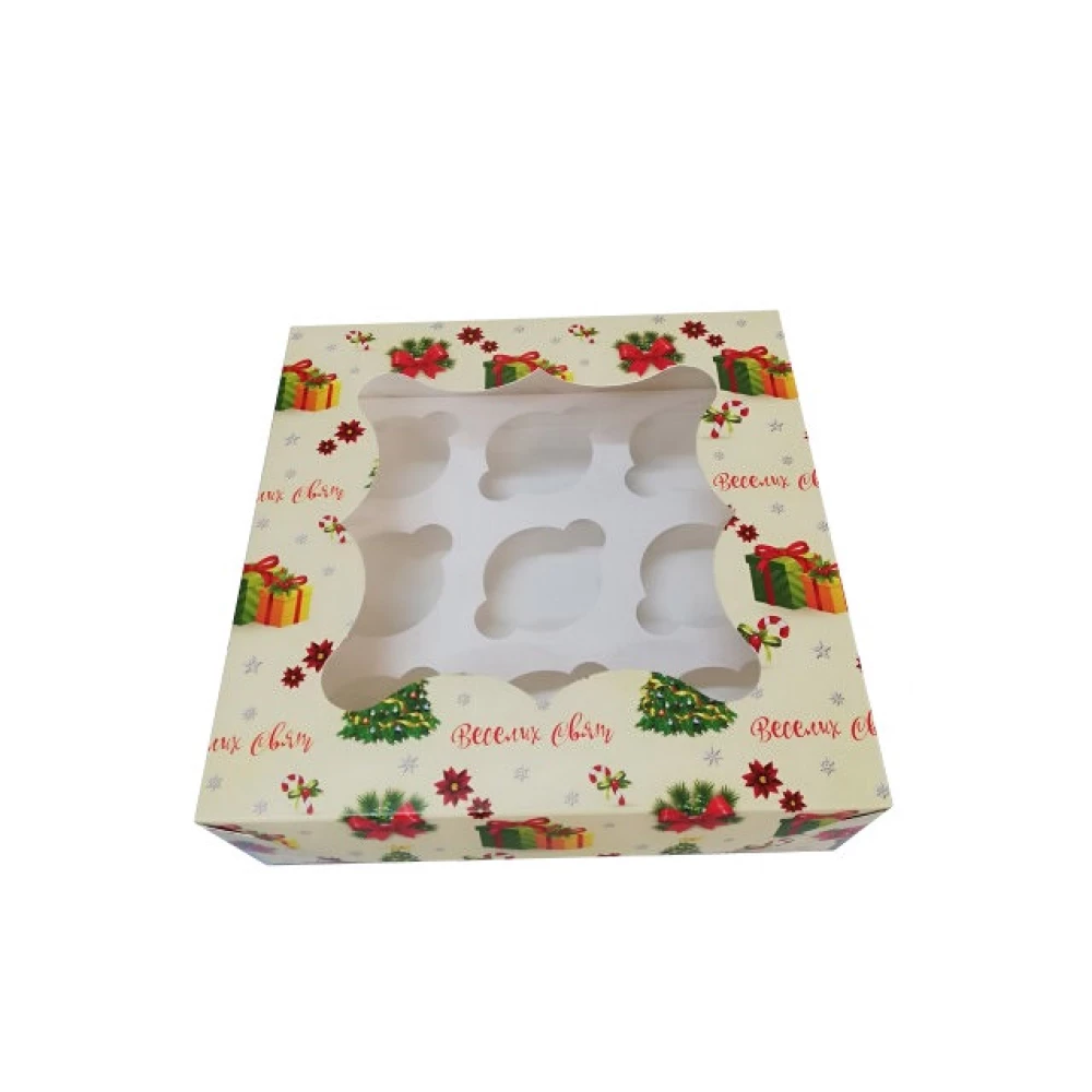 Коробка для тістечка 260х260х90 мм. (віконце) на 9шт. з принтом ялинка