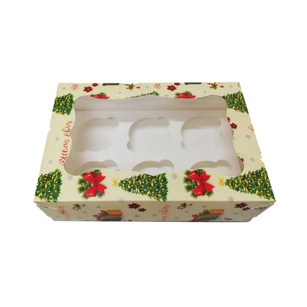 Коробка для тістечка 250*170*80 мм. (віконце) на 6 шт. з принтом ялинка