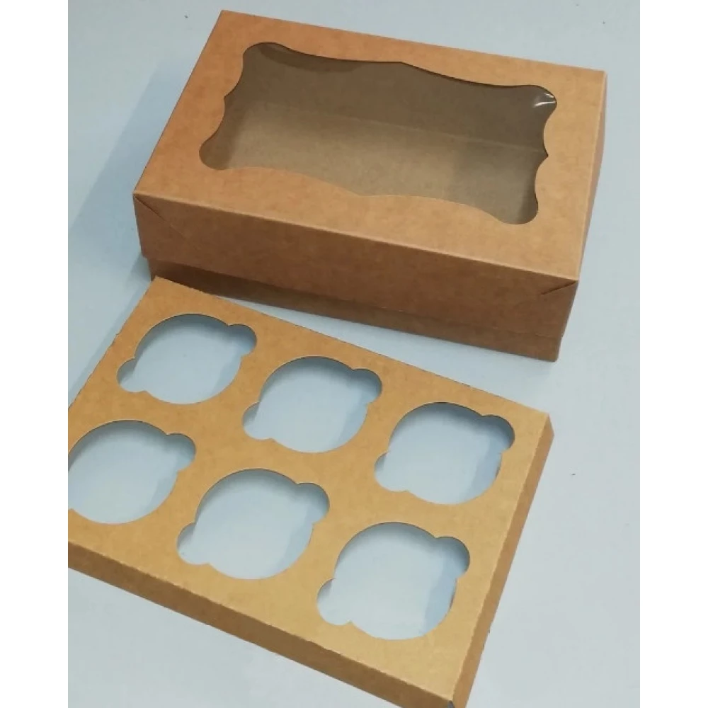 Коробка для капкейків, кексів та мафінів 6 шт 250*170*80 мм. (з віконцем) бура.